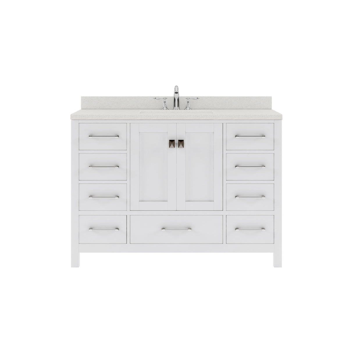 Bathroom vanity with white countertop and sink on a white background