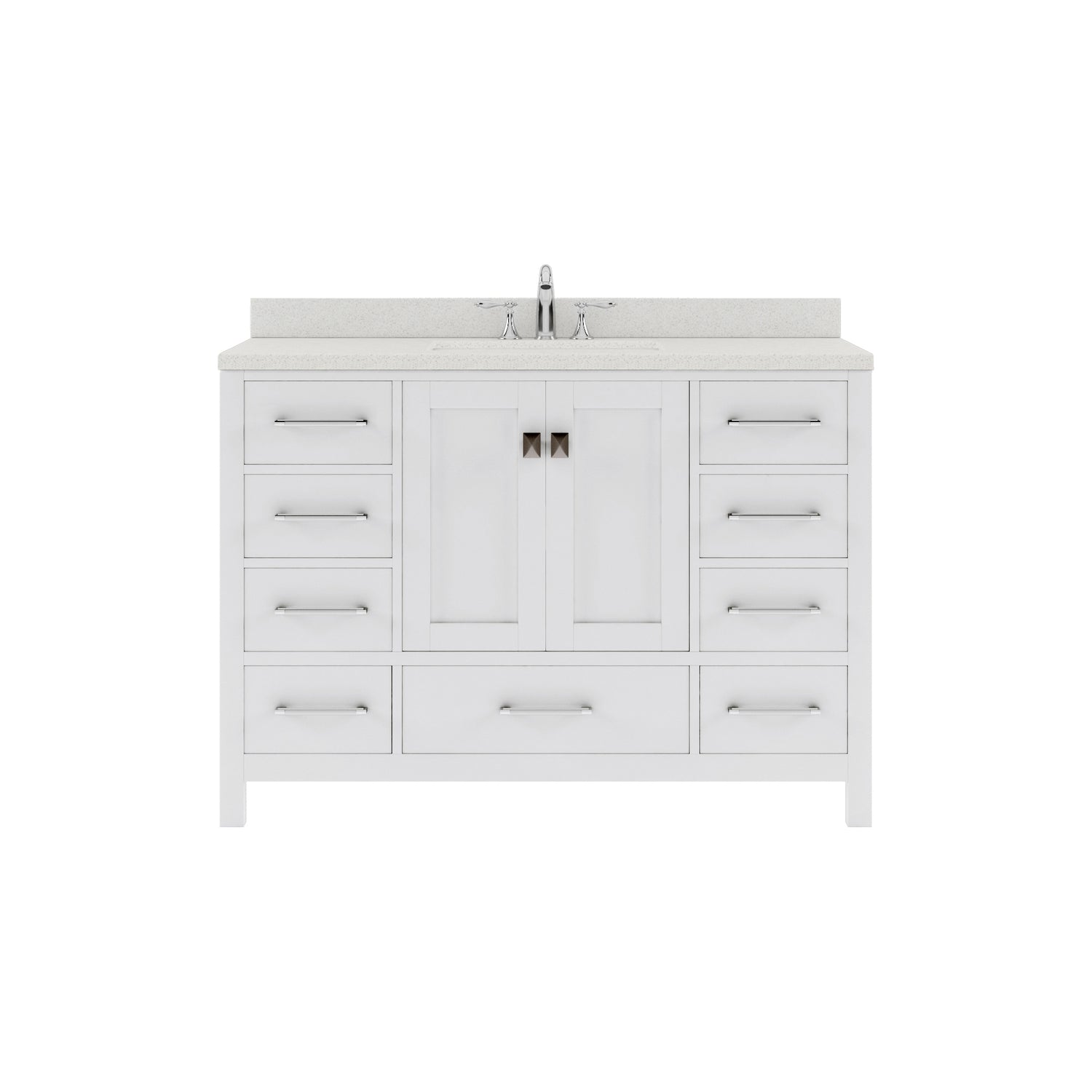 Bathroom vanity with white countertop and sink on a white background