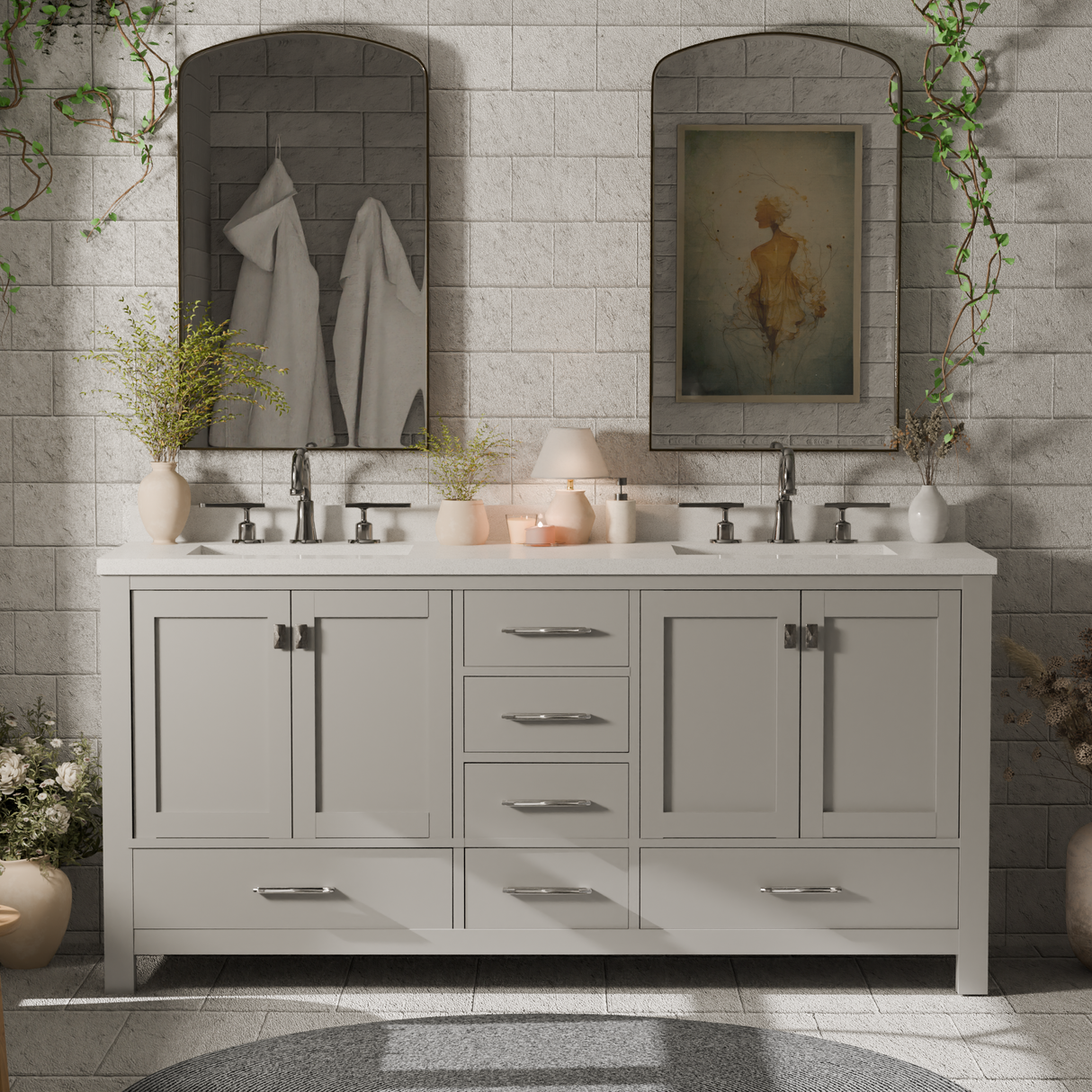 Bathroom with a double vanity, mirror, and decorative elements.