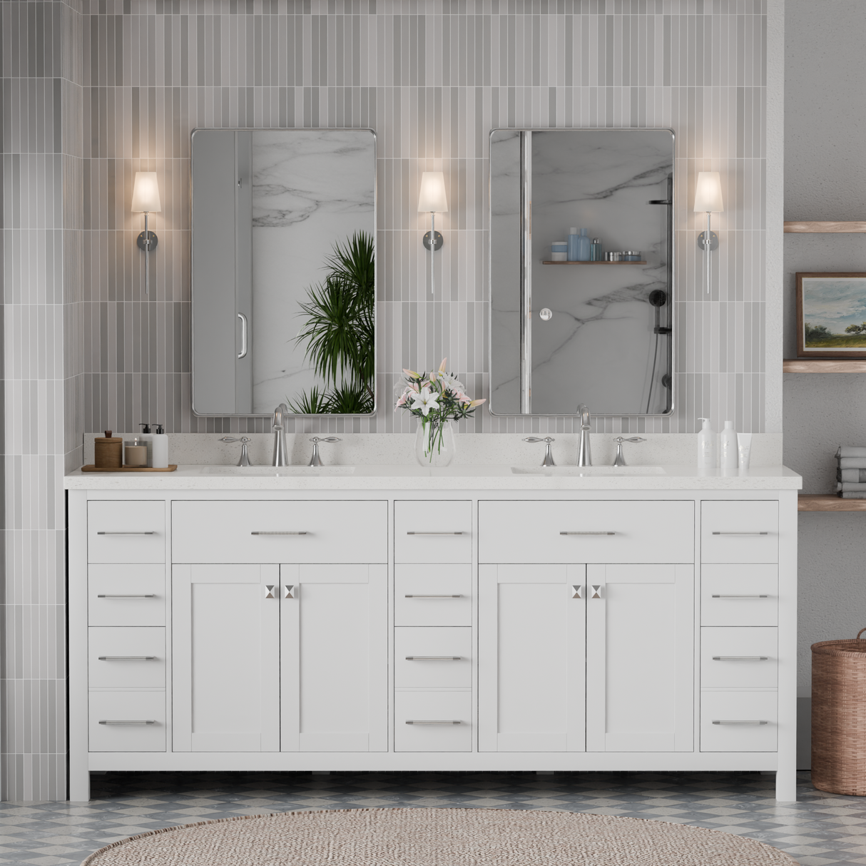 Bathroom with white vanity, mirrors, and decorative elements.