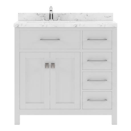 White bathroom vanity with marble countertop and sink on a white background