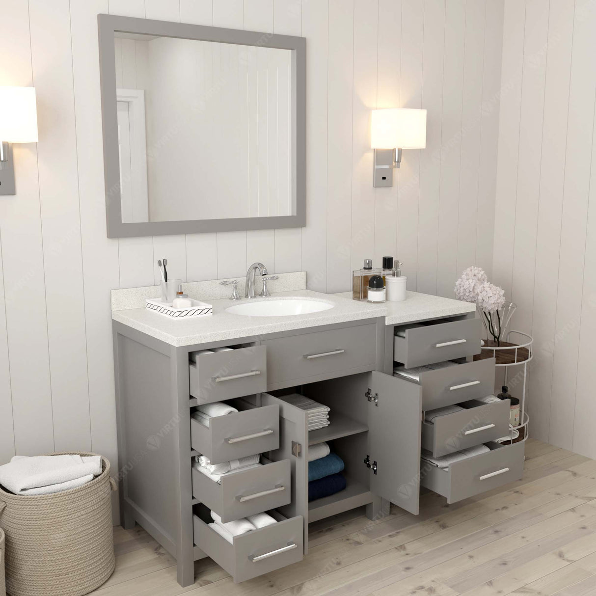 Gray bathroom vanity with white countertop and sink on a white background
