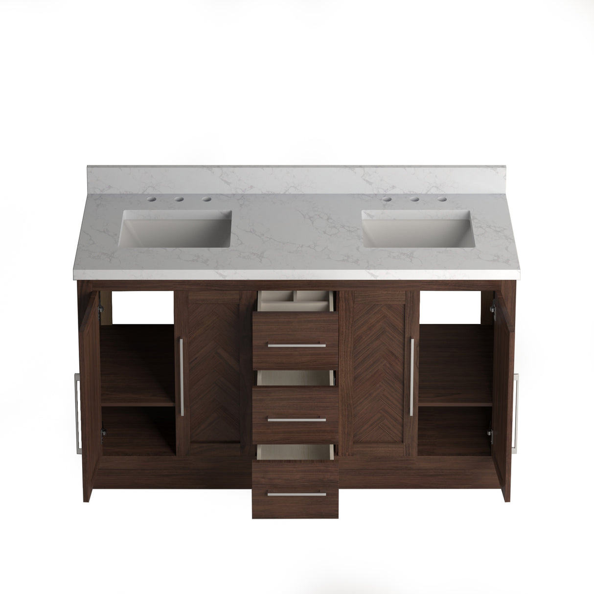 A 60 inch double vanity cabinet with a square sink and Statuario Venatio marble quartz top, featuring a wood-toned finish and a contemporary design.