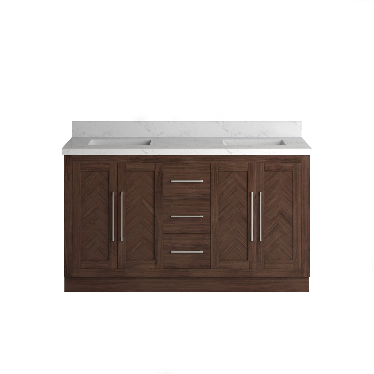 A 60 inch double vanity cabinet with a square sink and Statuario Venatio marble quartz top, featuring a wood-toned finish and a contemporary design.