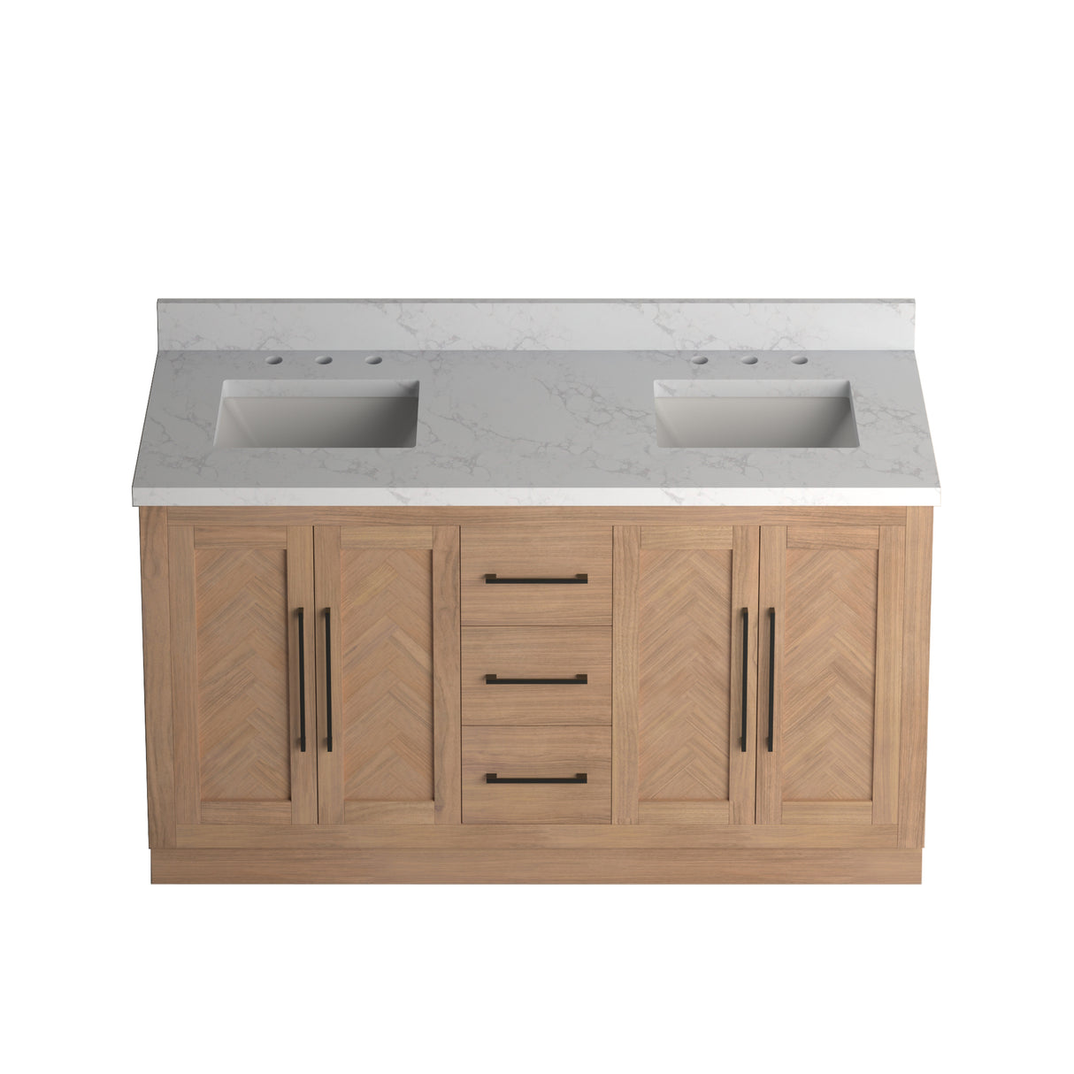 A 60 inch double vanity cabinet with a square sink and Statuario Venatio marble quartz top, featuring a wood-toned finish and a contemporary design.