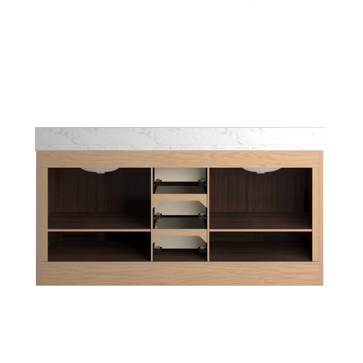 A 72 inch double vanity cabinet with a square sink and Statuario Venato marble quartz top, featuring a warm wood-toned finish and V-shaped design.