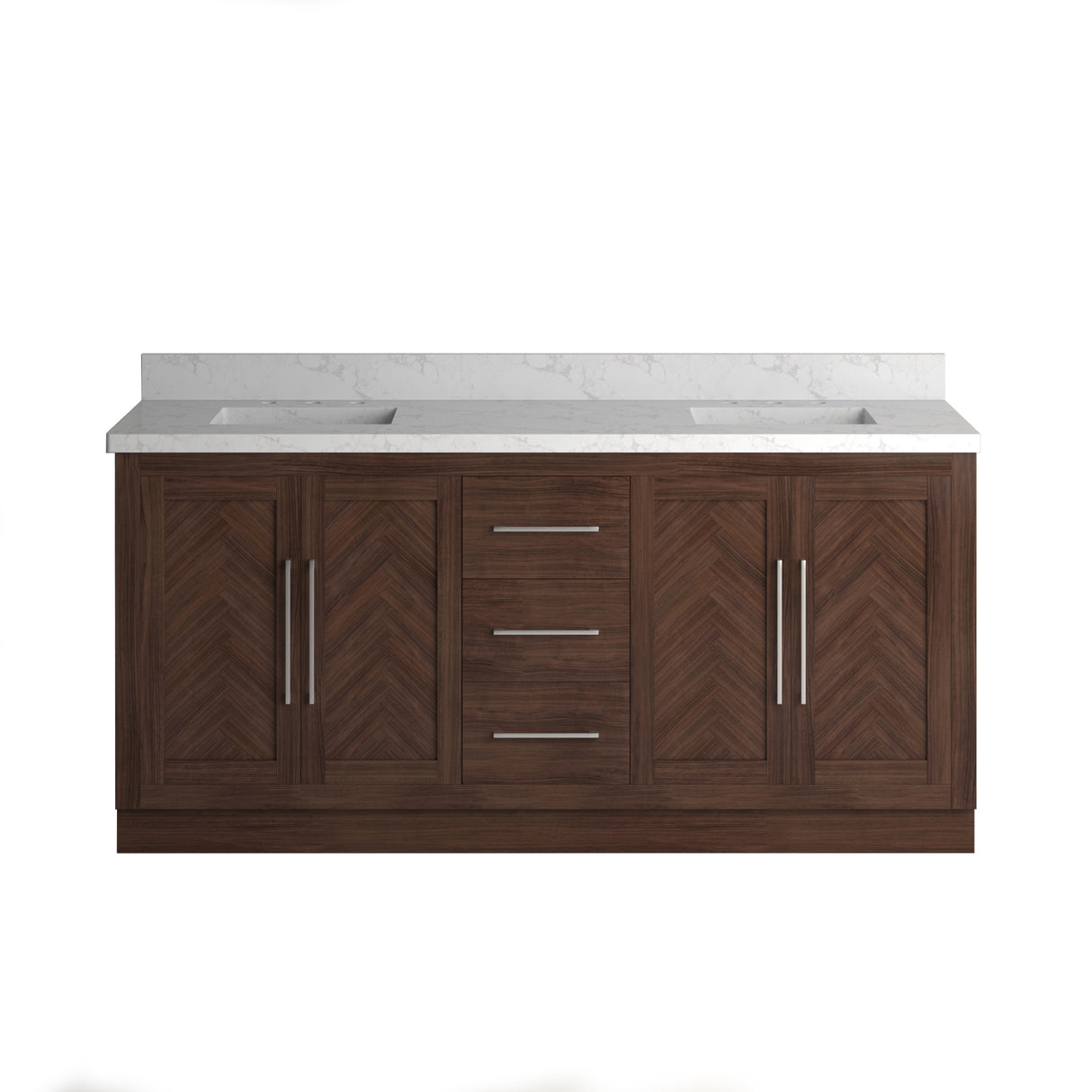 A 72 inch double vanity cabinet with a square sink and Statuario Venato marble quartz top, featuring a warm wood-toned finish and V-shaped design.