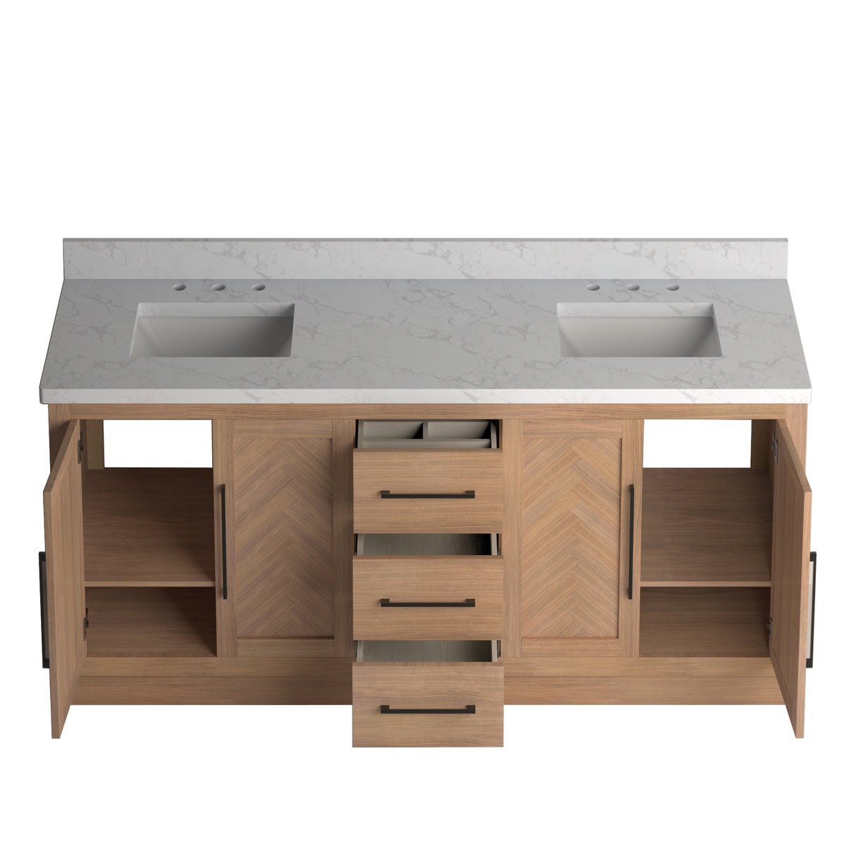 A 72 inch double vanity cabinet with a square sink and Statuario Venato marble quartz top, featuring a warm wood-toned finish and V-shaped design.