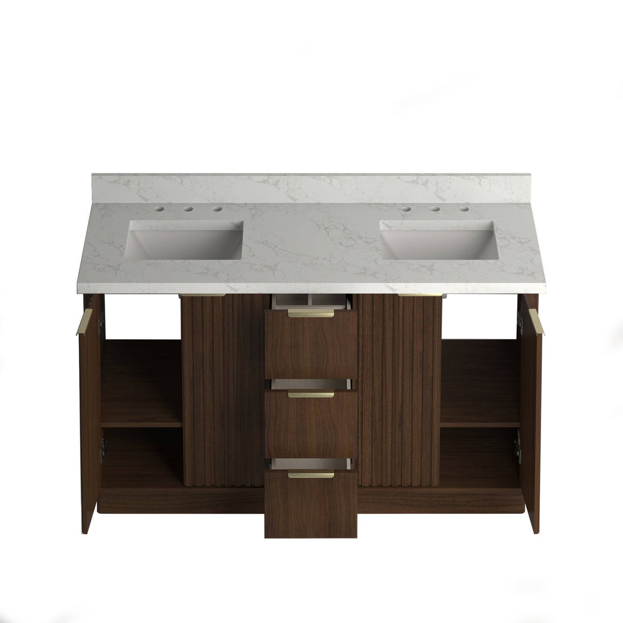 A double bathroom vanity cabinet with a square sink and marble quartz top, featuring a wood-tone finish and vertical paneling.