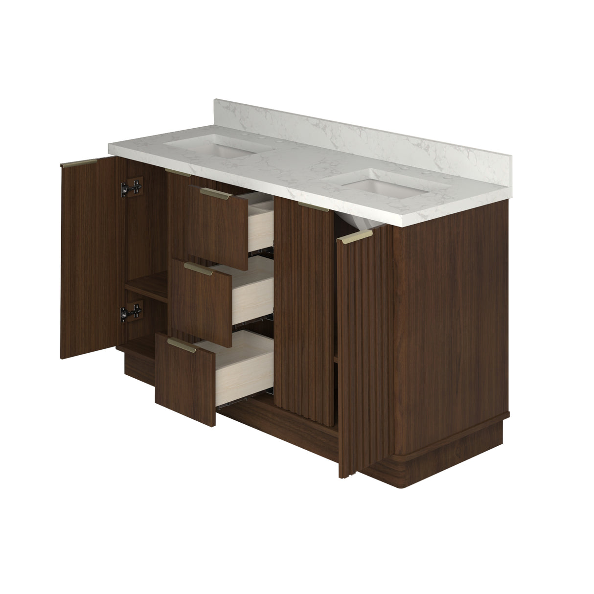 A double bathroom vanity cabinet with a square sink and marble quartz top, featuring a wood-tone finish and vertical paneling.