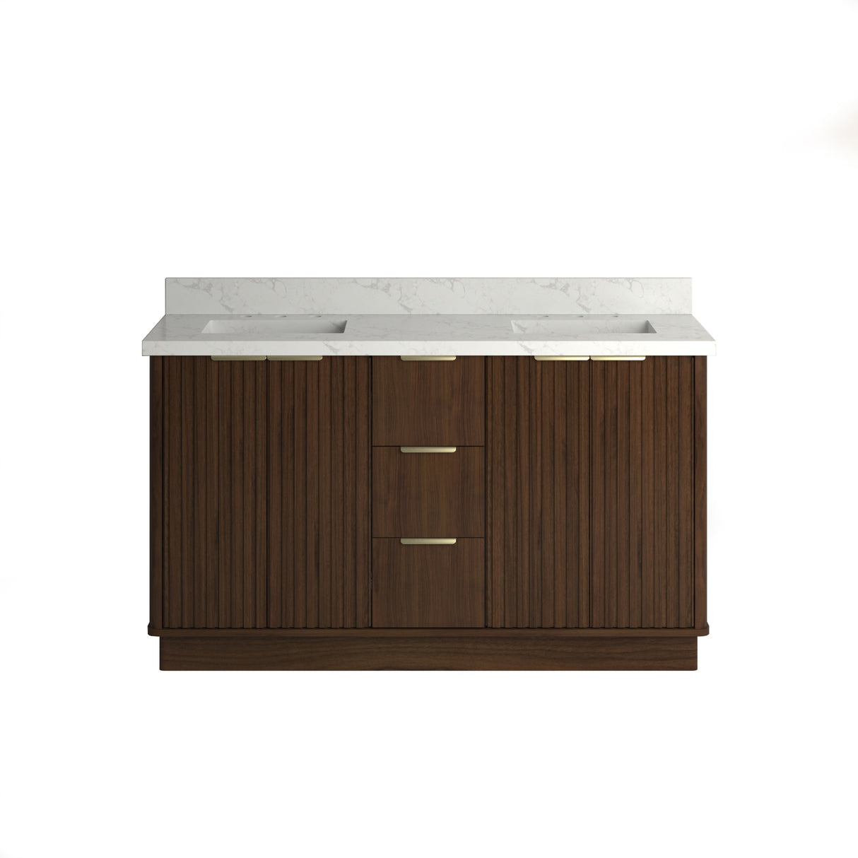 A double bathroom vanity cabinet with a square sink and marble quartz top, featuring a wood-tone finish and vertical paneling.