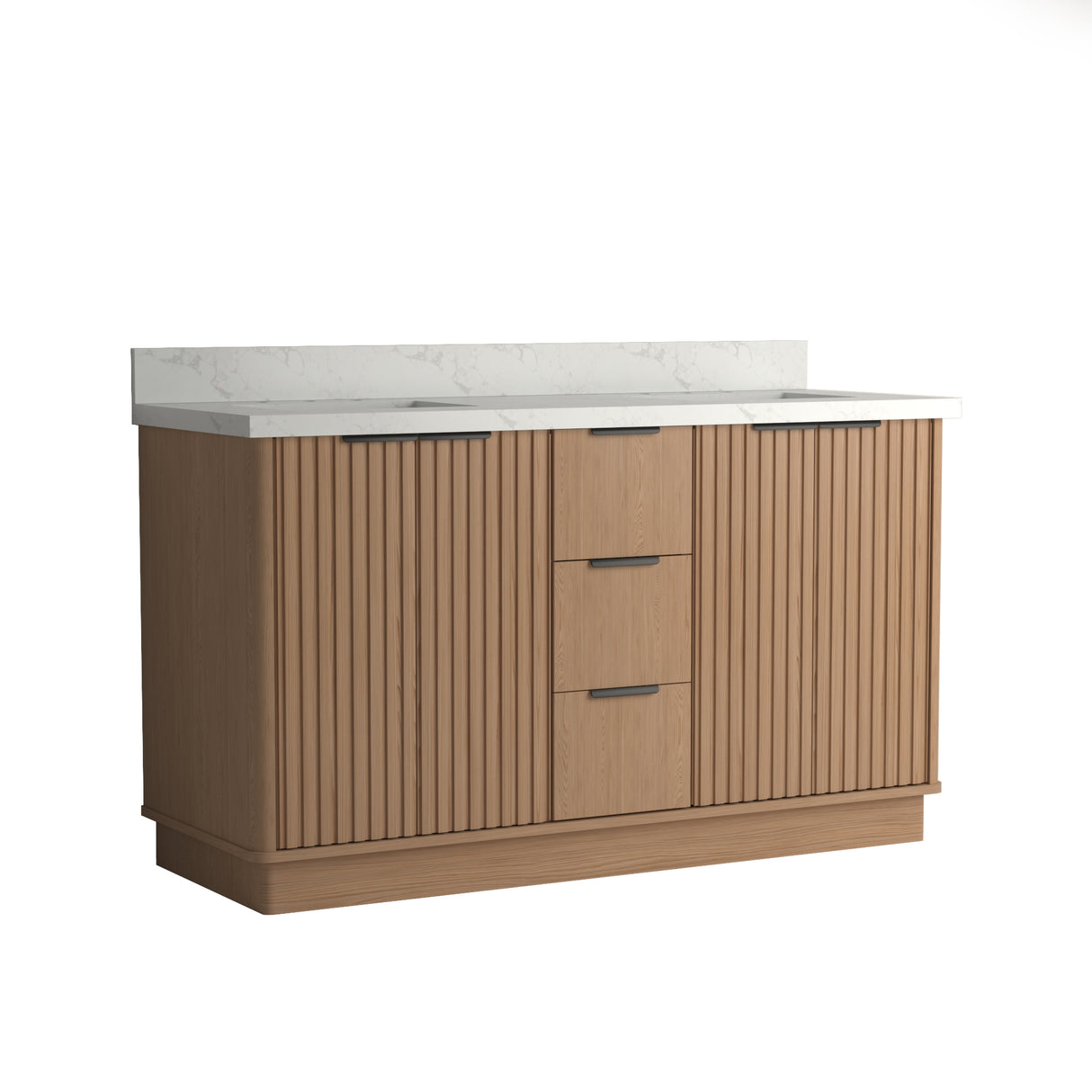 A double bathroom vanity cabinet with a square sink and marble quartz top, featuring a wood-tone finish and vertical paneling.