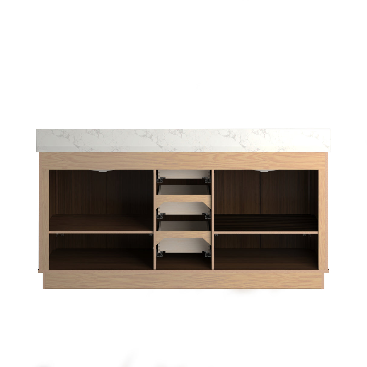 A Kathryn 72" double vanity cabinet with a square sink and Statuario Venato marble quartz top, featuring a beige wood finish and marble patterned countertop.