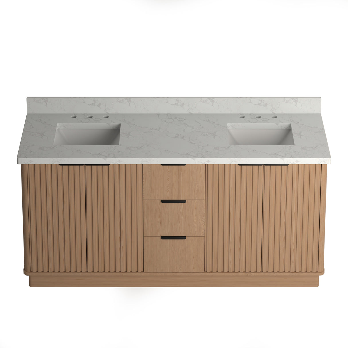 A Kathryn 72" double vanity cabinet with a square sink and Statuario Venato marble quartz top, featuring a beige wood finish and marble patterned countertop.