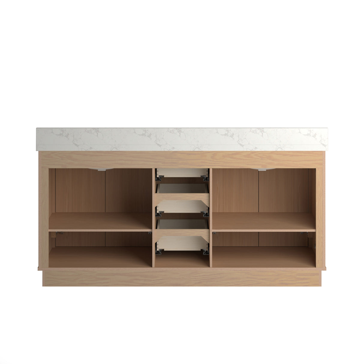 A Kathryn 72" double vanity cabinet with a square sink and Statuario Venato marble quartz top, featuring a beige wood finish and marble patterned countertop.