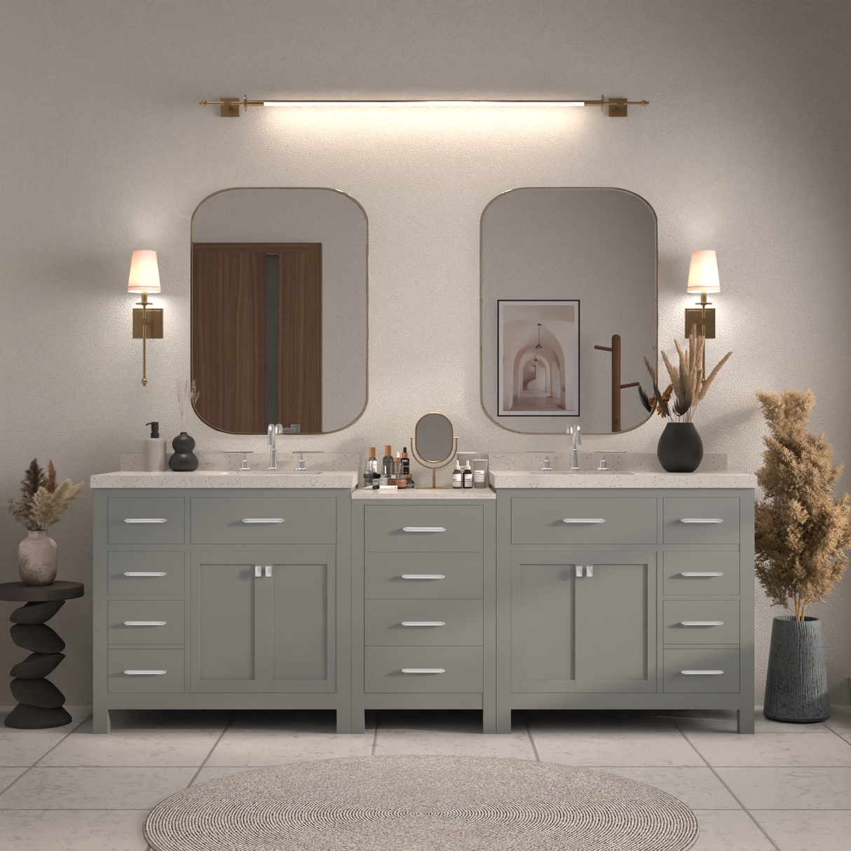 White bathroom vanity with marble countertop on a white background