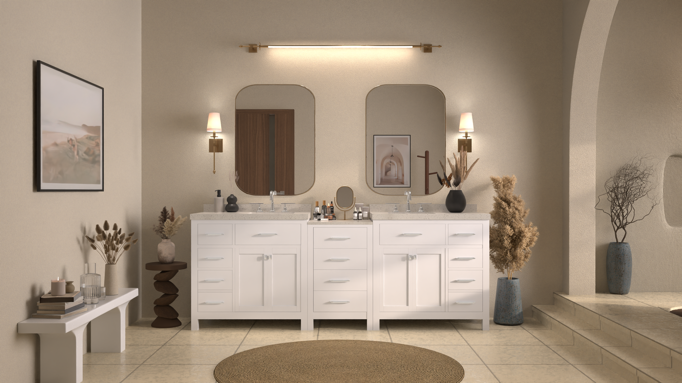 Bathroom with white vanity, mirrors, and decorative elements.