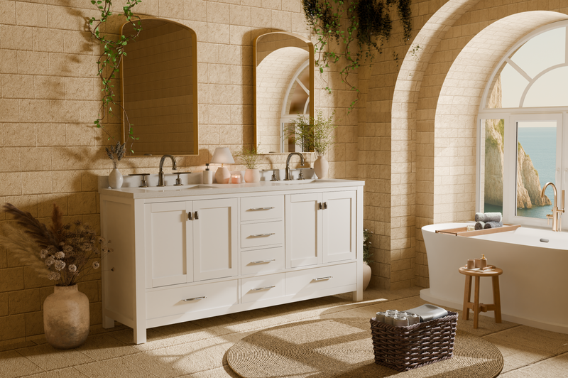 Bathroom with white vanity, freestanding bathtub, and large window.
