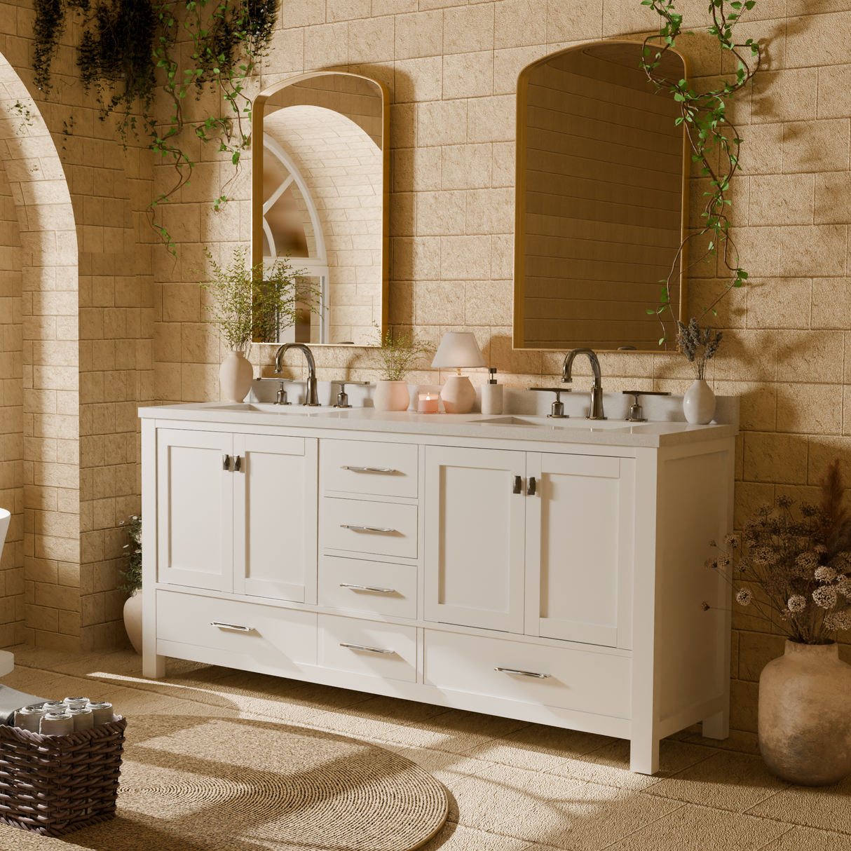 White bathroom vanity with sink on a white background