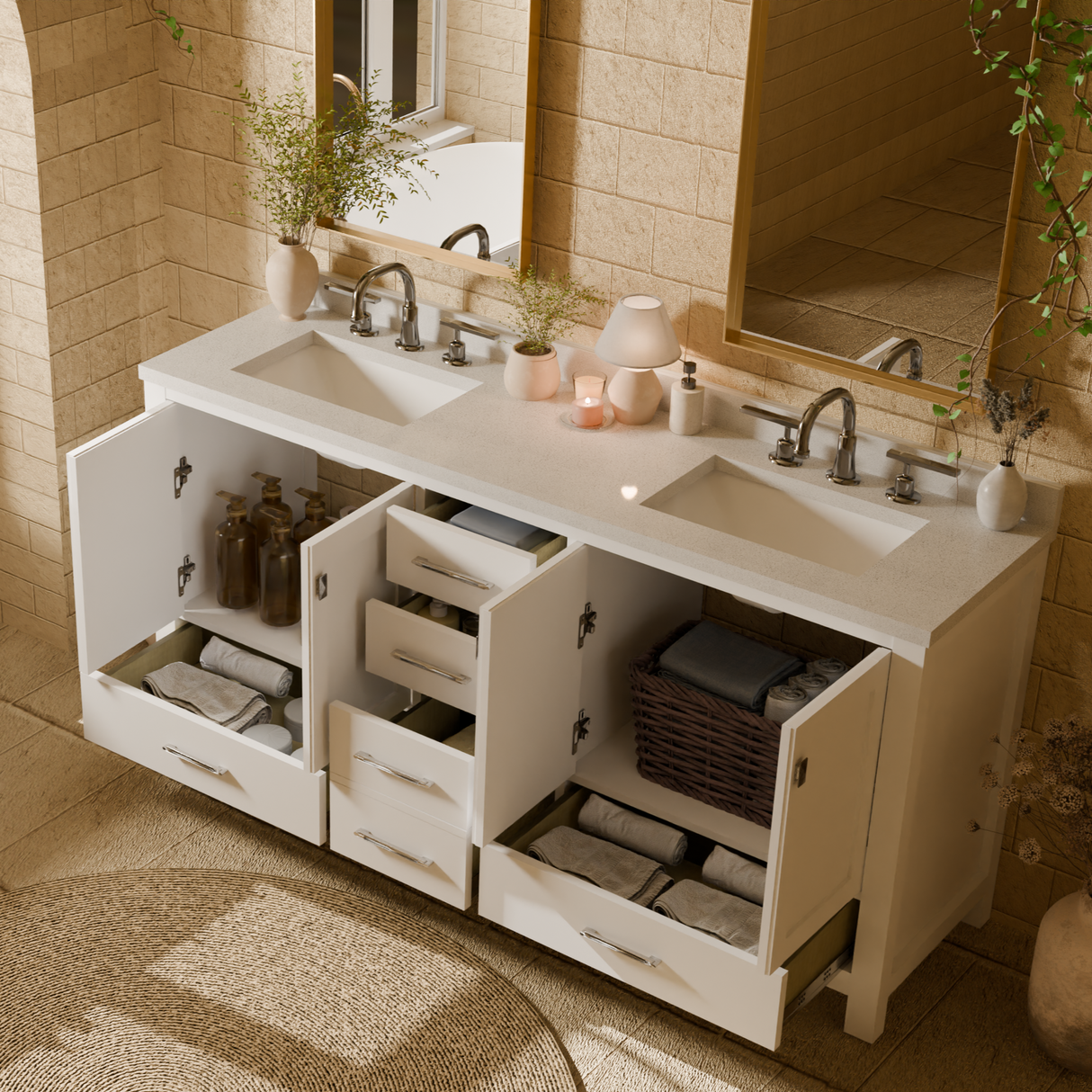 Caroline Avenue 72" Double Bathroom Vanity Cabinet with Sink and White Quartz Top