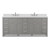 Gray bathroom vanity with white countertop on a white background
