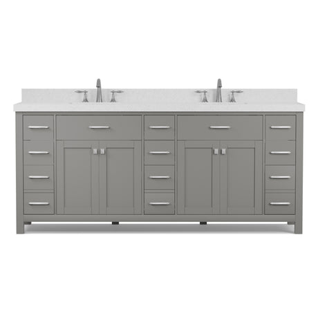 Gray bathroom vanity with white countertop on a white background