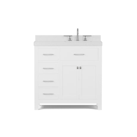 White bathroom vanity with sink on a white background