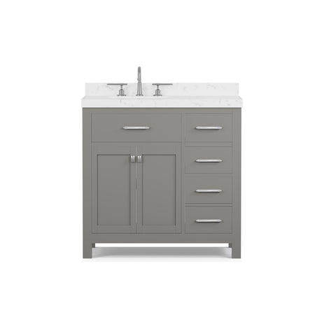 Gray bathroom vanity with white countertop on a white background