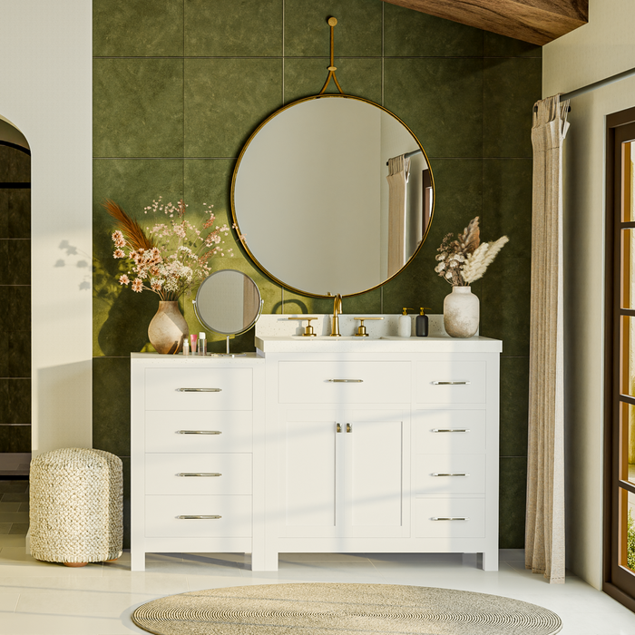 Modern bathroom with white vanity, freestanding bathtub, and large mirror.