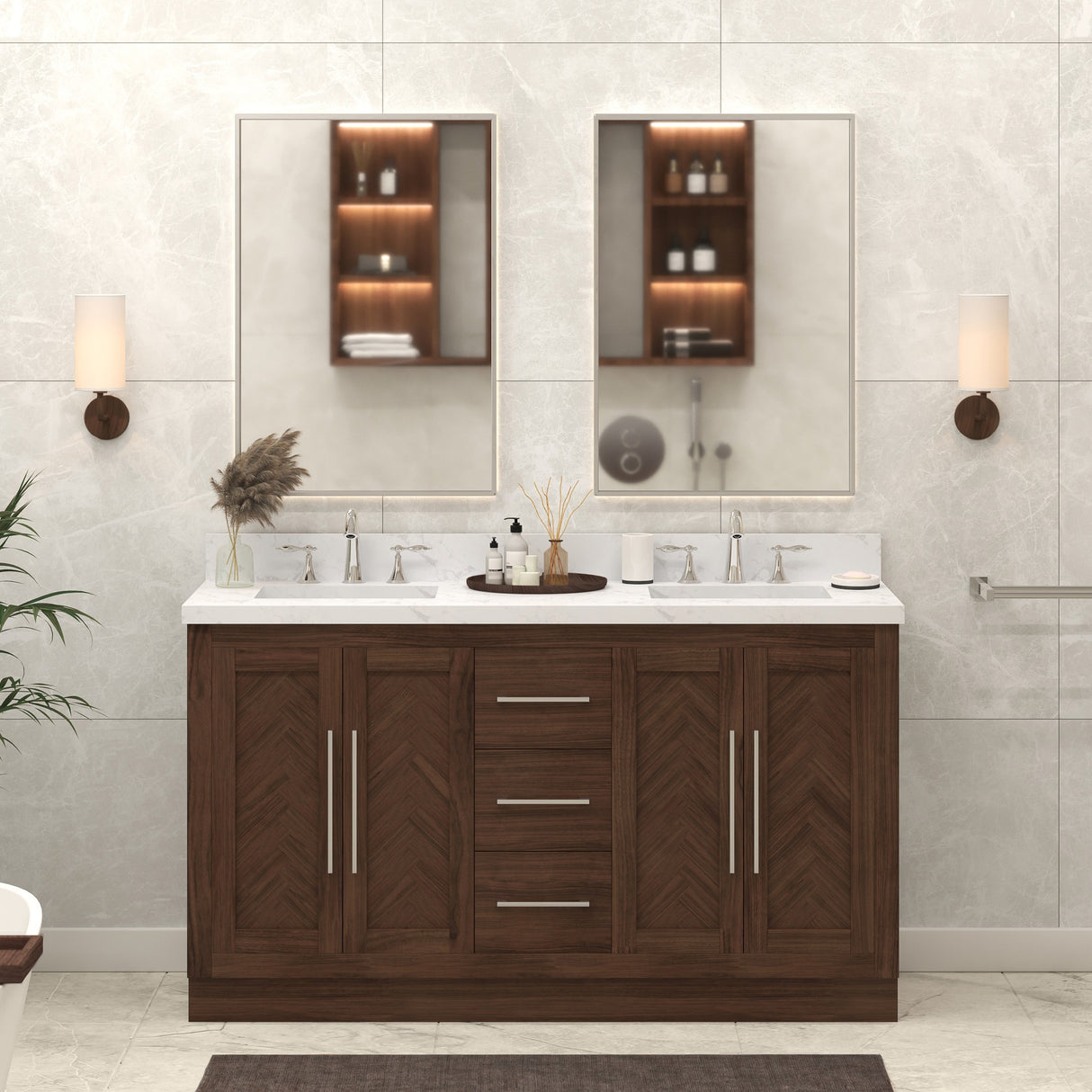 Vivian 60" Double Vanity Cabinet with Square Sink and Statuario Venatio Marble Quartz Top