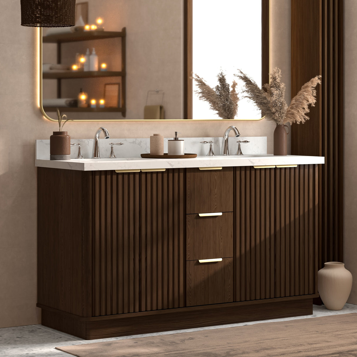Kathryn 60" Double Vanity Cabinet with Square Sink and Statuario Venatio Marble Quartz Top
