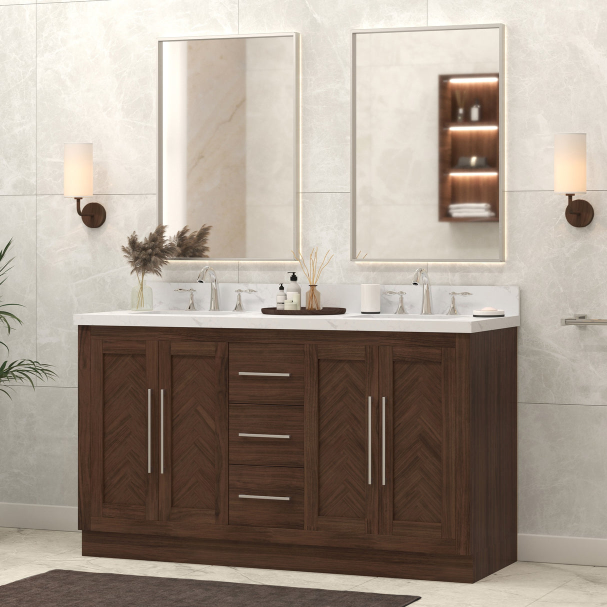 Vivian 60" Double Vanity Cabinet with Square Sink and Statuario Venatio Marble Quartz Top