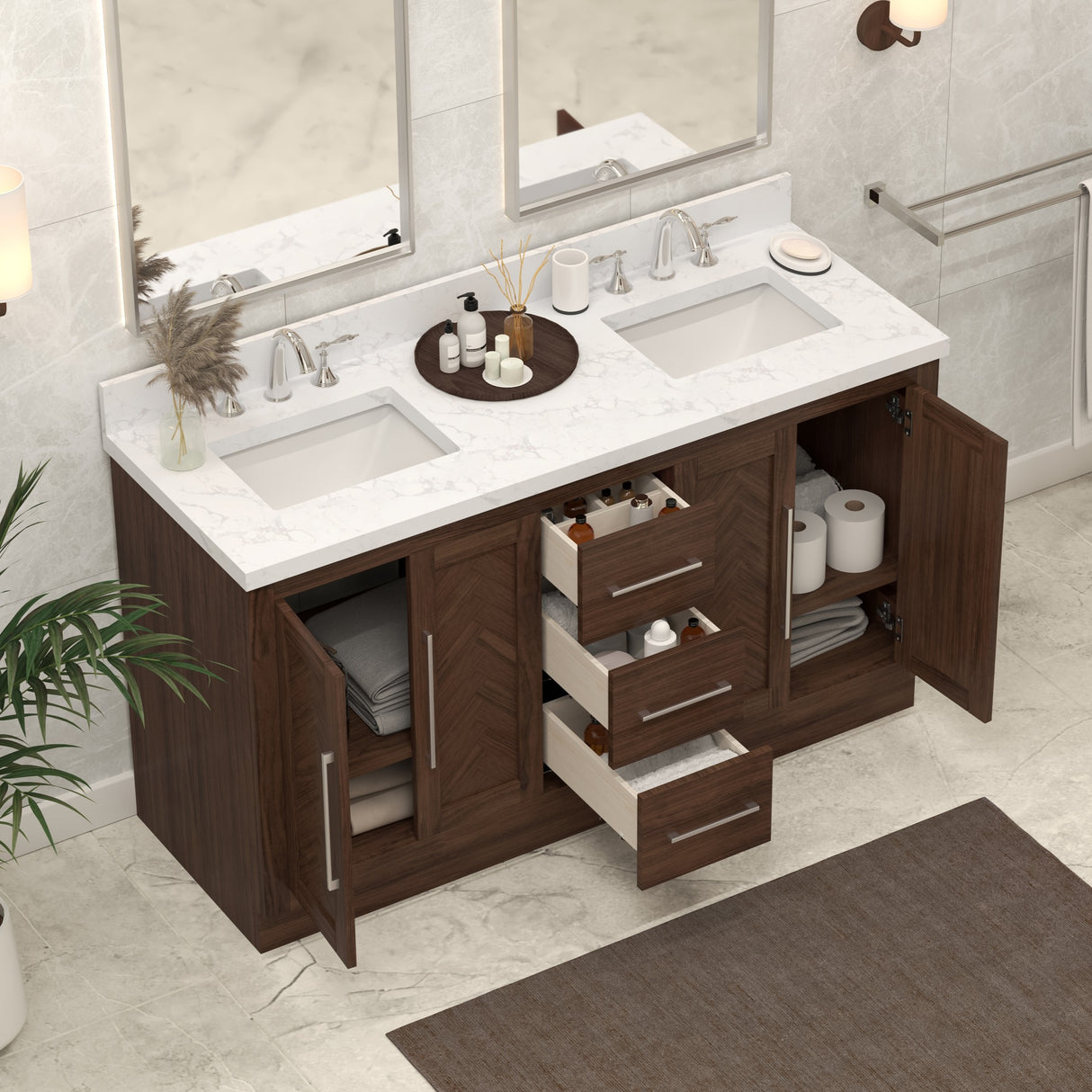 Vivian 60" Double Vanity Cabinet with Square Sink and Statuario Venatio Marble Quartz Top
