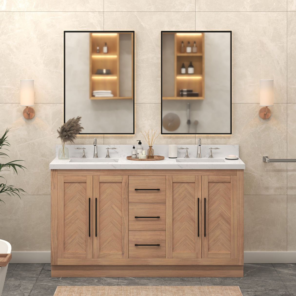 Vivian 60" Double Vanity Cabinet with Square Sink and Statuario Venatio Marble Quartz Top