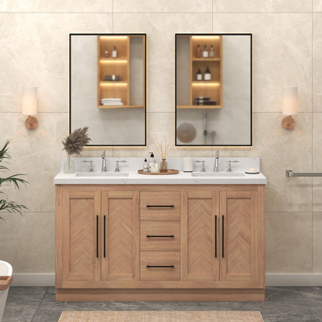 Vivian 60" Double Vanity Cabinet with Square Sink and Statuario Venatio Marble Quartz Top