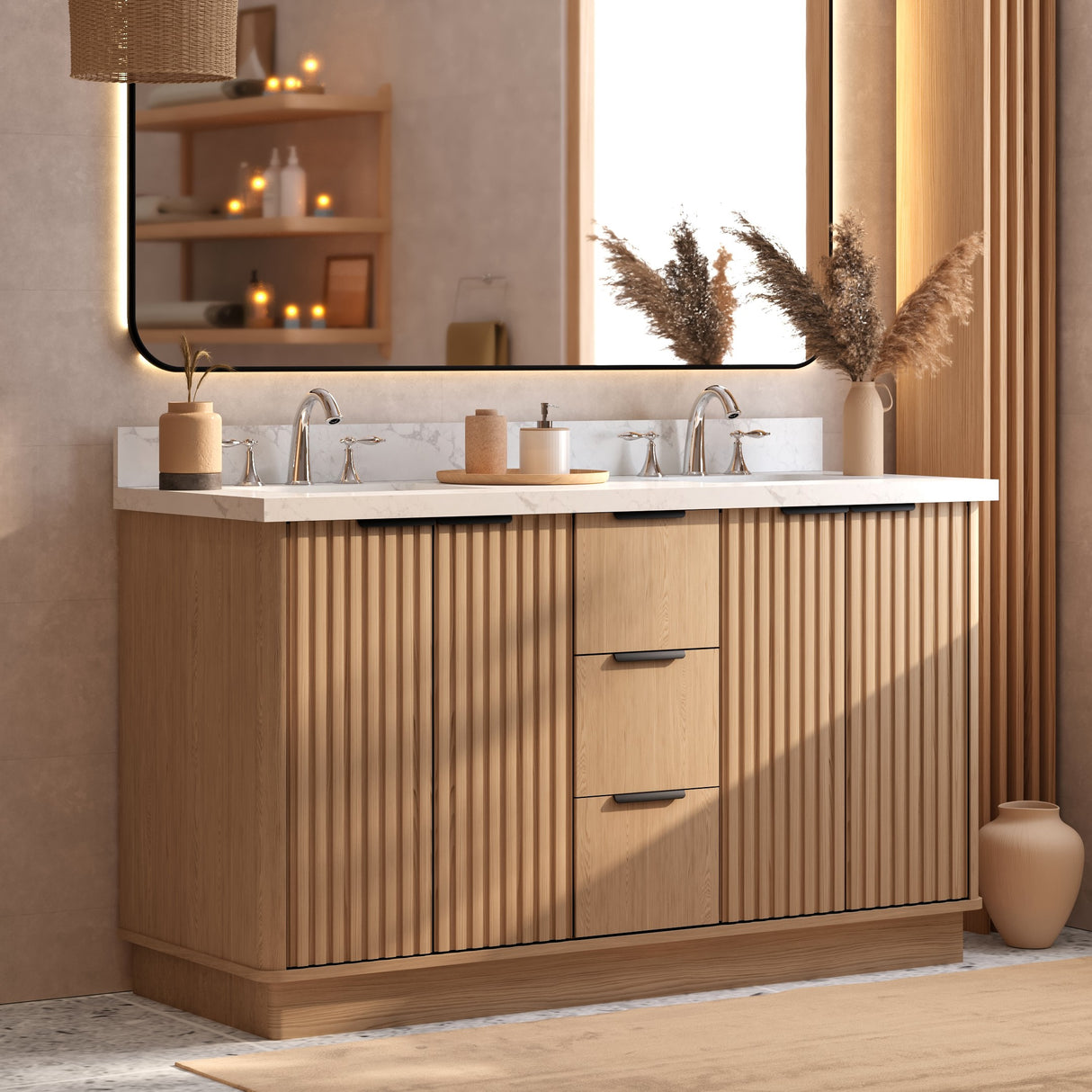 Kathryn 60" Double Vanity Cabinet with Square Sink and Statuario Venatio Marble Quartz Top