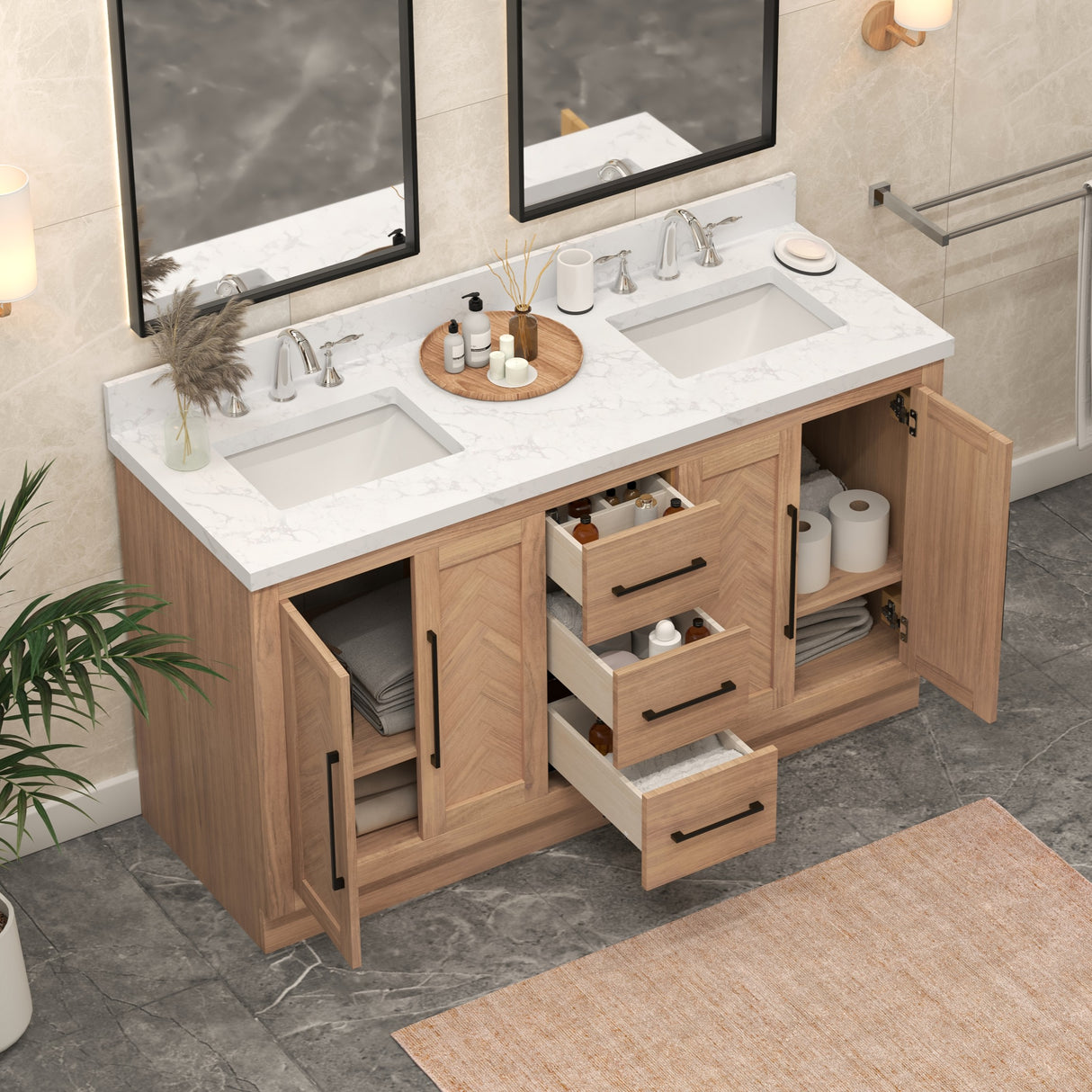 Vivian 60" Double Vanity Cabinet with Square Sink and Statuario Venatio Marble Quartz Top
