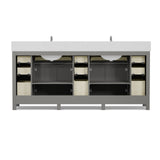 Bathroom vanity with white countertop and black cabinets on a white background