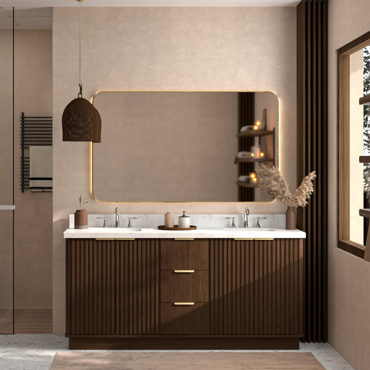 Kathryn 72" Double Vanity Cabinet with Square Sink and Statuario Venato Marble Quartz Top