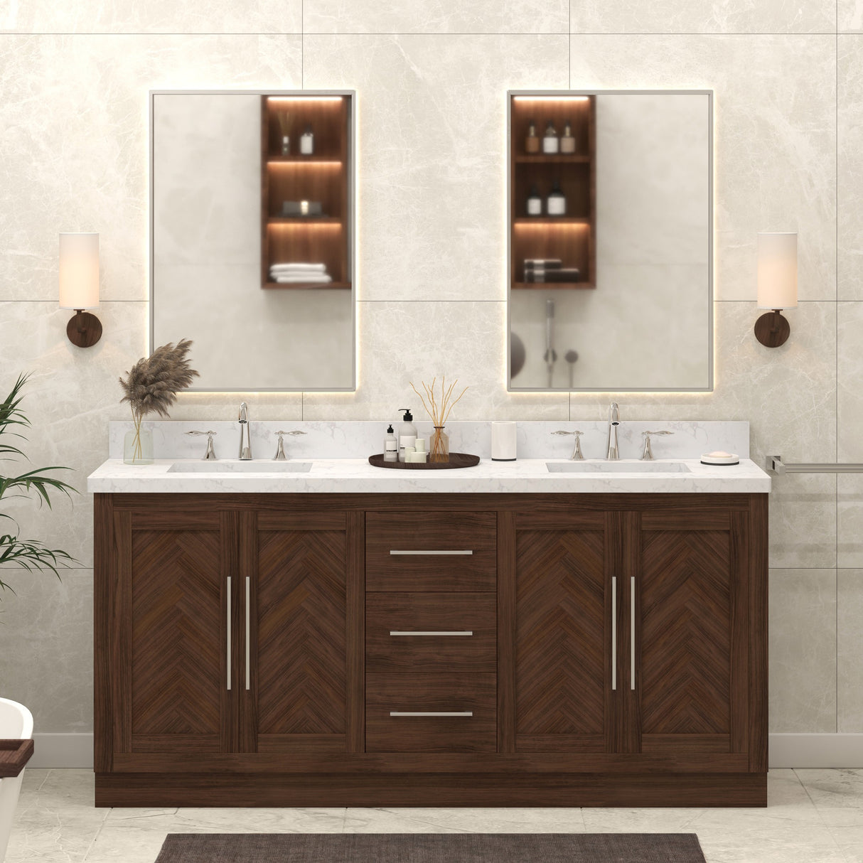 Vivian 72" Double Vanity Cabinet with Square Sink and Statuario Venato Marble Quartz Top