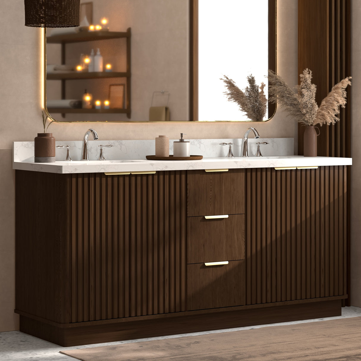 Kathryn 72" Double Vanity Cabinet with Square Sink and Statuario Venato Marble Quartz Top