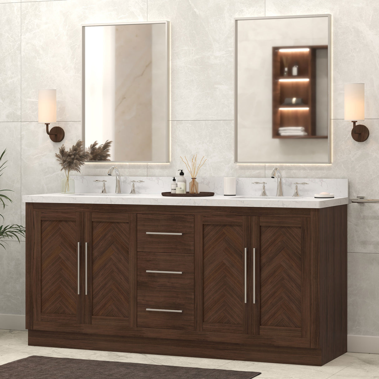 Vivian 72" Double Vanity Cabinet with Square Sink and Statuario Venato Marble Quartz Top