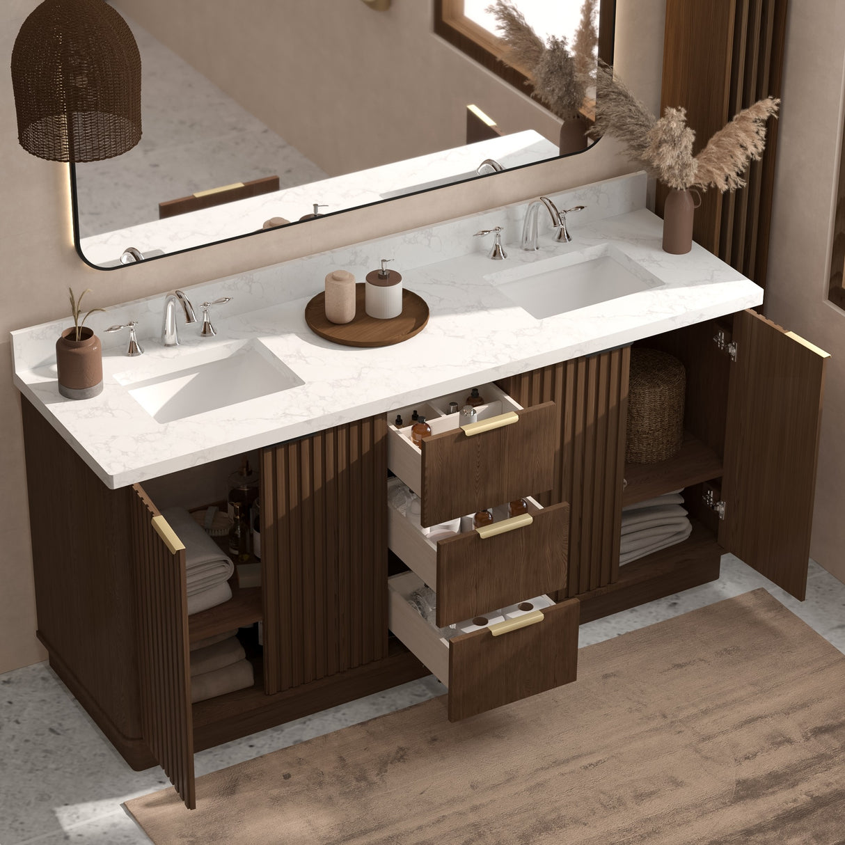 Kathryn 72" Double Vanity Cabinet with Square Sink and Statuario Venato Marble Quartz Top