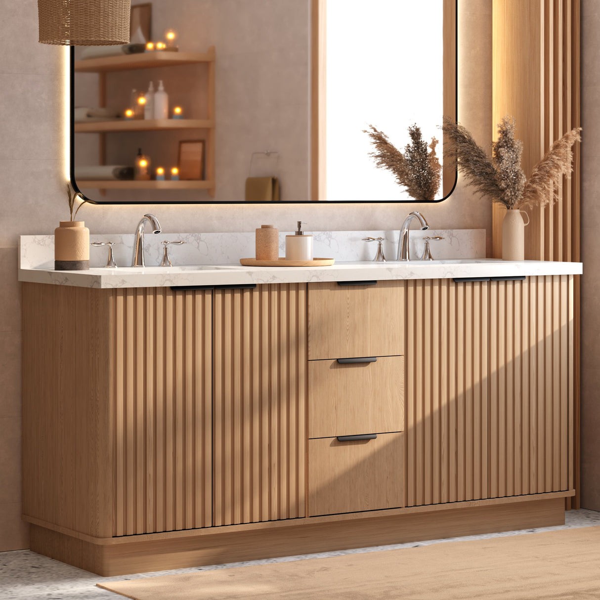 Kathryn 72" Double Vanity Cabinet with Square Sink and Statuario Venato Marble Quartz Top
