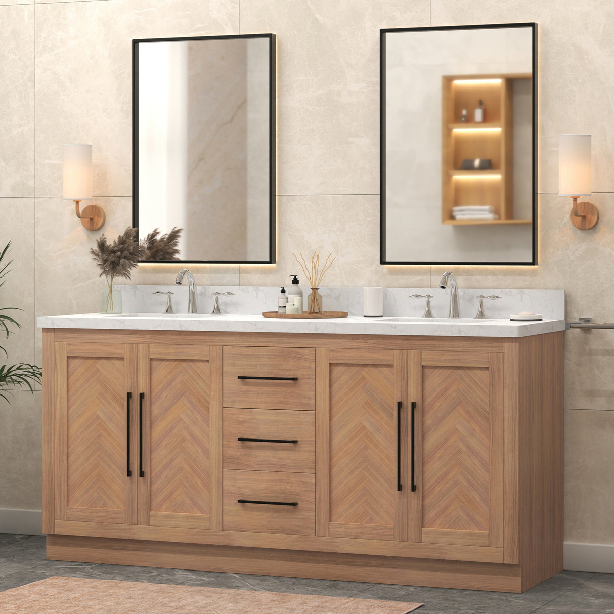 Vivian 72" Double Vanity Cabinet with Square Sink and Statuario Venato Marble Quartz Top