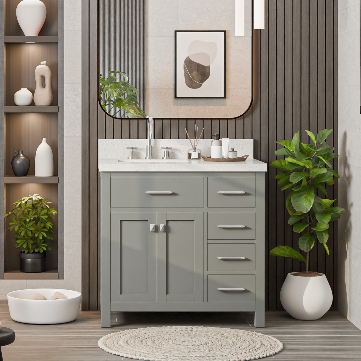 Caroline Parkway 36" Powder Room Bath Vanity Cabinet with Sink and White Quartz Top
