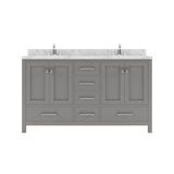 Gray bathroom vanity with marble countertop on a white background