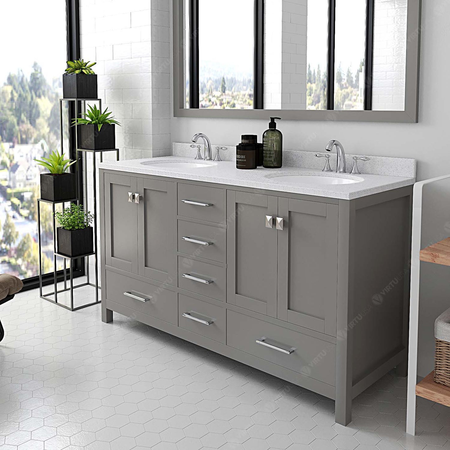 Caroline Avenue 60" Double Vanity Cabinet with Sink and White Quartz Top