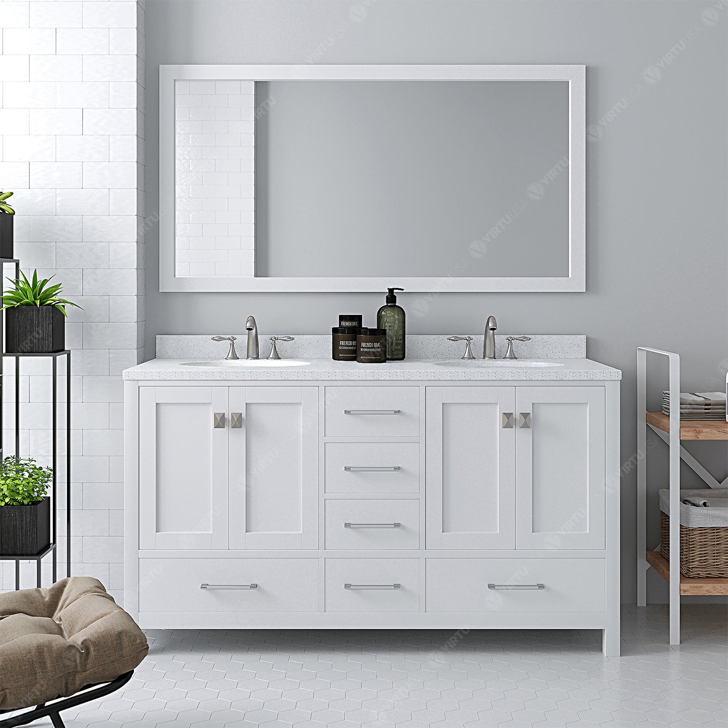 Caroline Avenue 60" Double Vanity Cabinet with Sink and White Quartz Top