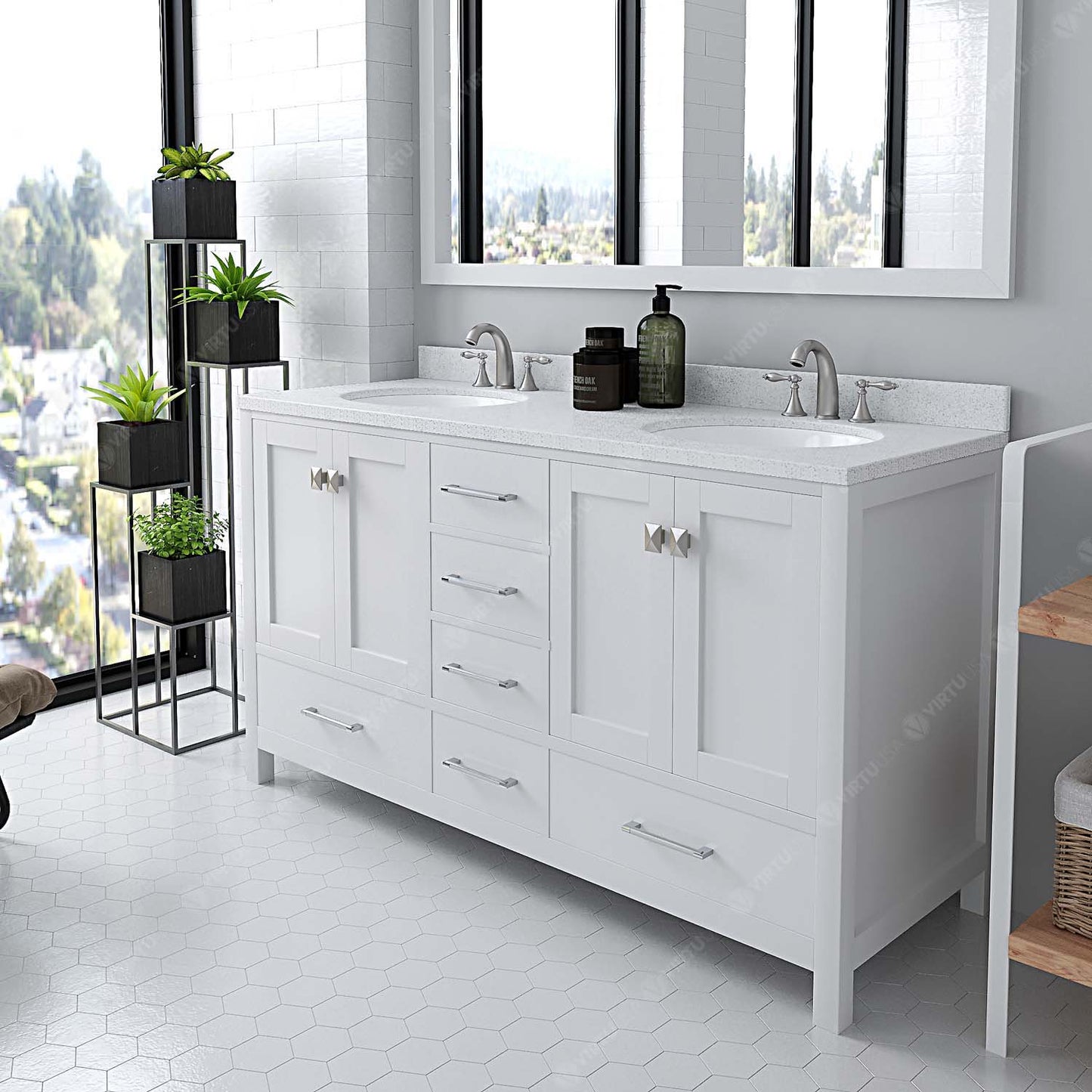 Caroline Avenue 60" Double Vanity Cabinet with Sink and White Quartz Top